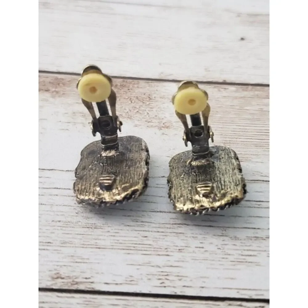 Vintage Clip On Earrings - Amber Tone Gem with Twisted Halo 0.75
